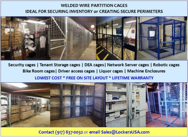 Welded Wire Partition Cages stocked in NYC. Free onsite layouts. Lowest cost. Lifetime Warranty. P(917)837-0032. Spaceguard Bike Room & Driver access cages shown in photo above.