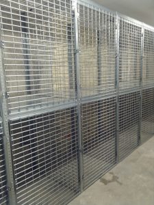 Two Tier Tenant Storage Cages stocked in Newark are ideal for maximizing space. Free on site layouts. P(917) 837-0032 or Sales@LockersUSA.com